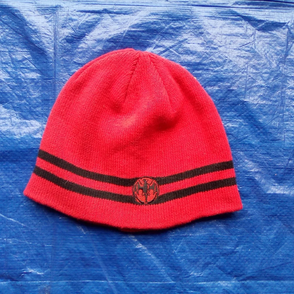 Vibrant Red Knit Hat with Black Accents